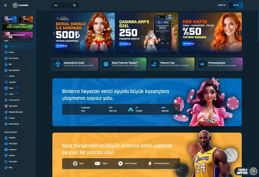 Casinra arayüz görüntüsü