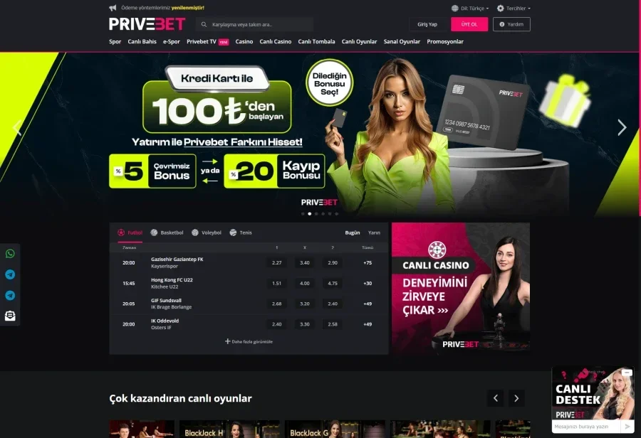 Privebet arayüz görüntüsü